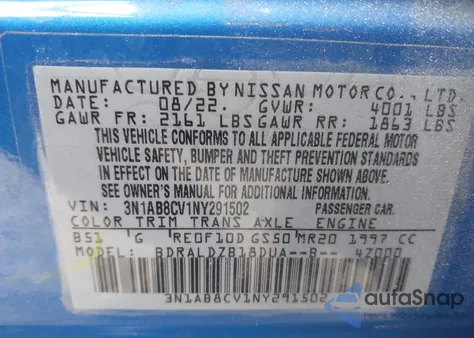 2022 Nissan Sentra Sv Xtronic Cvt из США, поврежденный, VIN 3N1AB8CV1NY291502